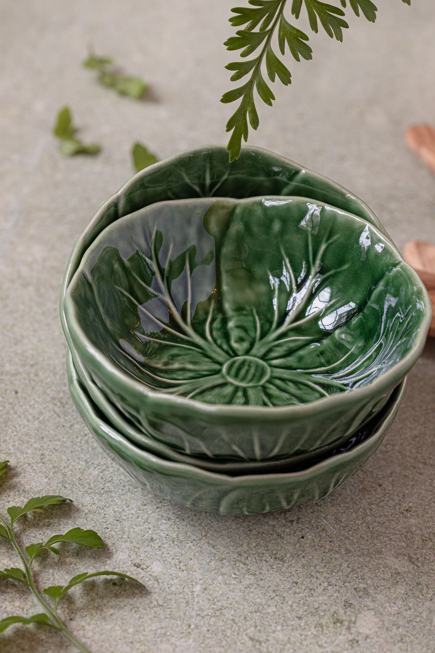 Green Leaf Relief Ceramic Bowls, set of three