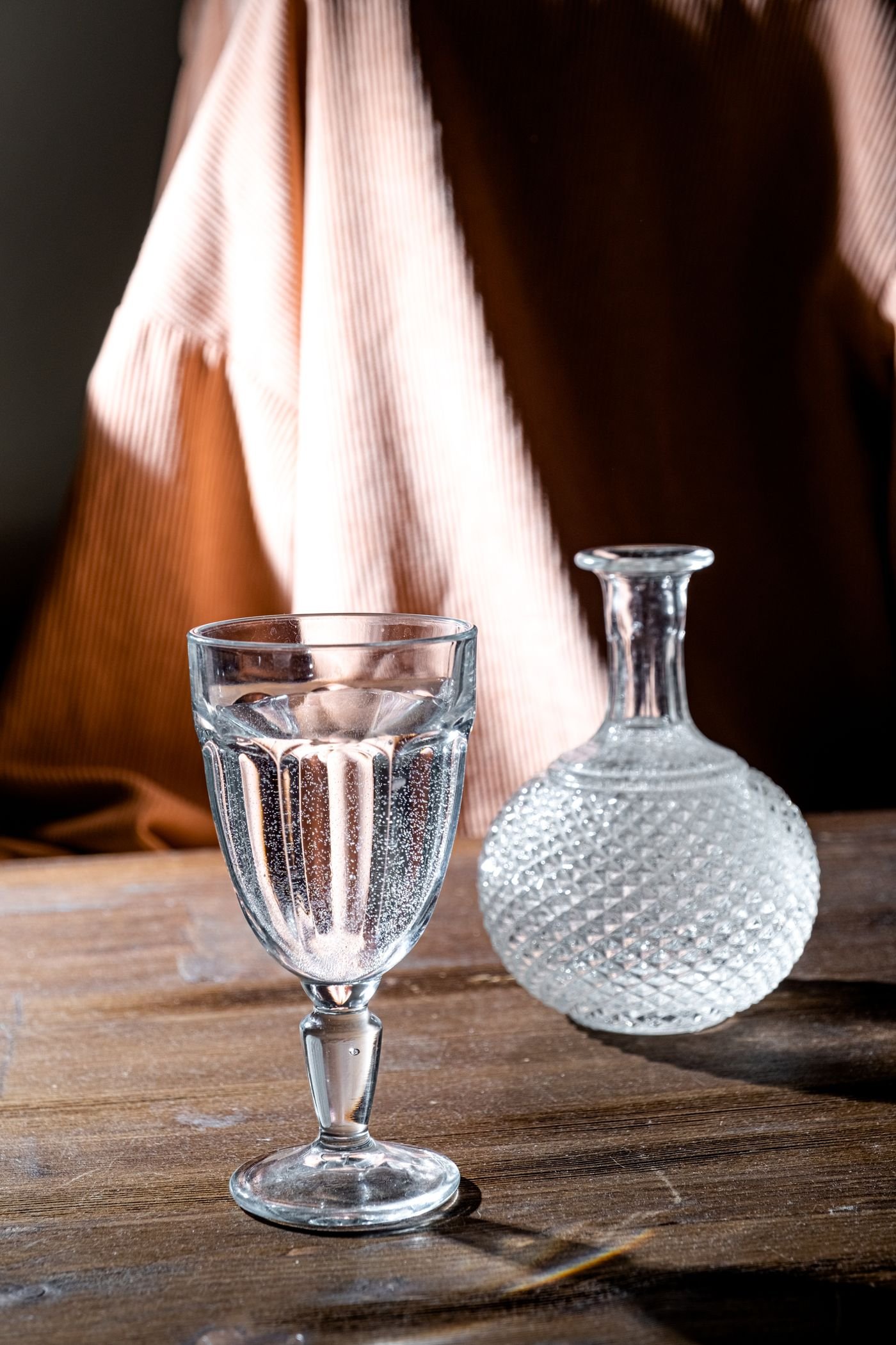 Diamond Cut Glass Carafe and Goblet