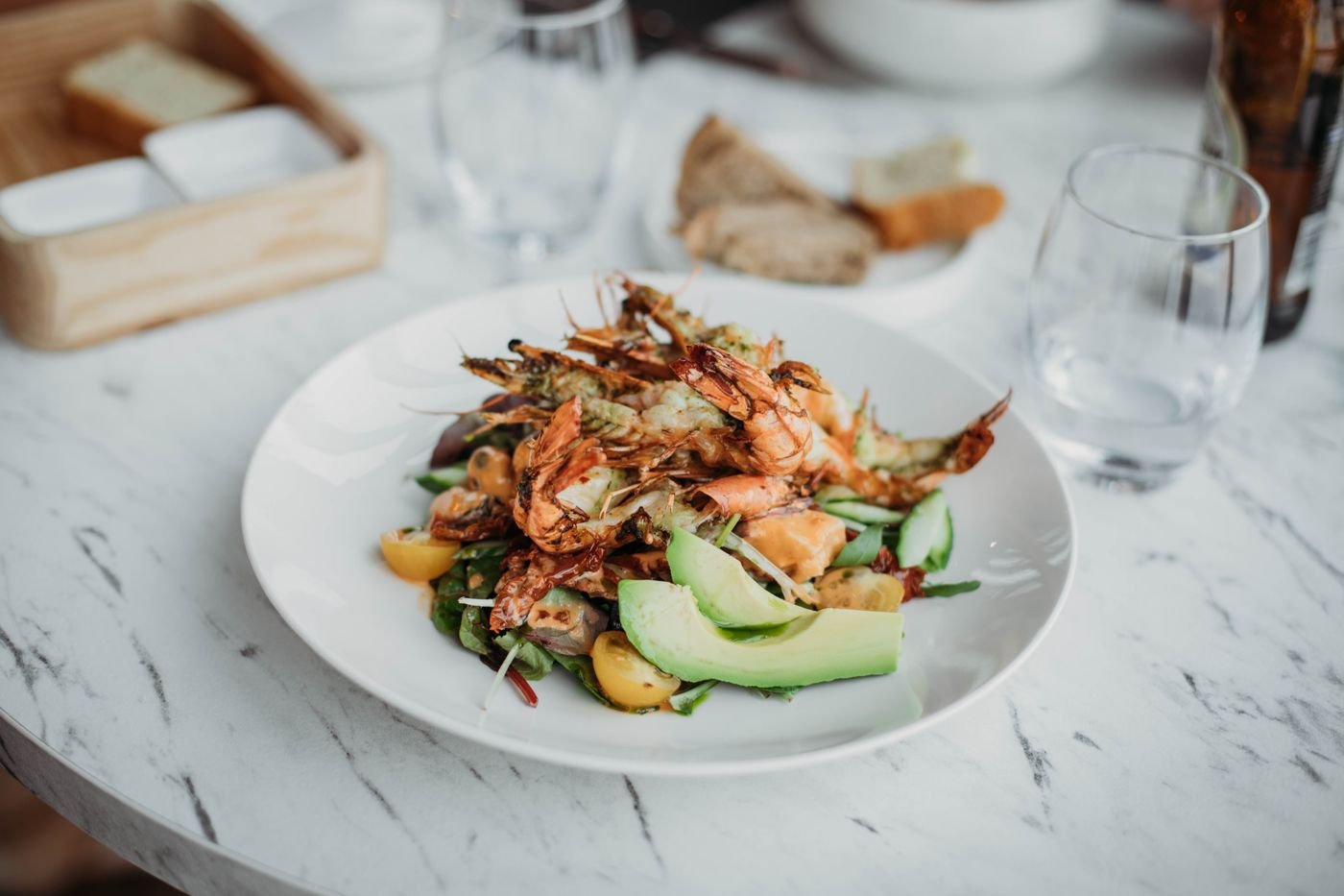 Grilled Split Prawn Salad with Avocado and Yellow Tomatoes