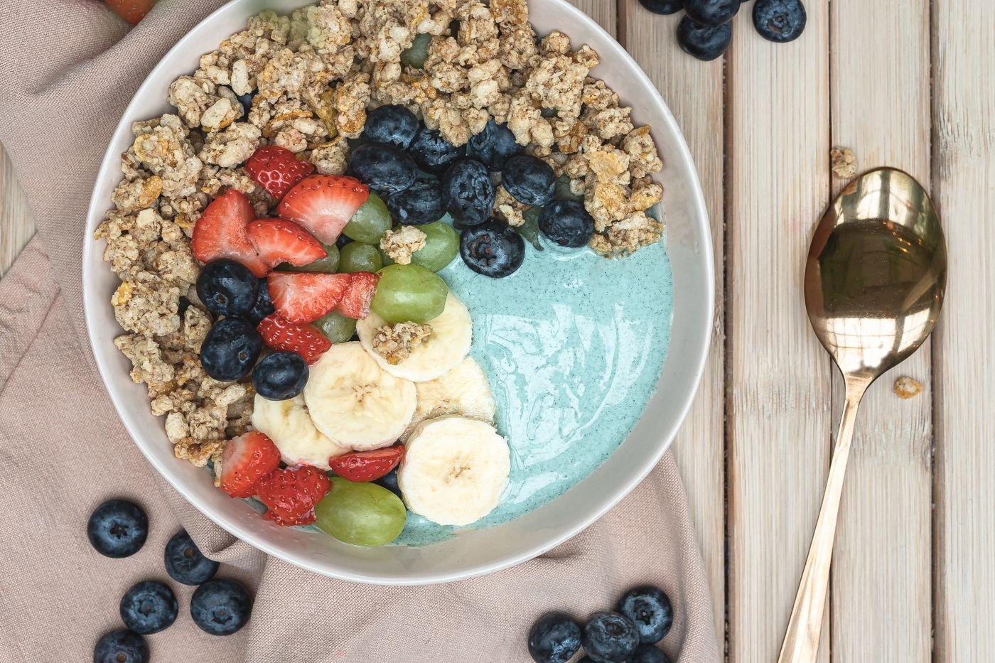 Blue Spirulina Smoothie Bowl with Granola and Fruit