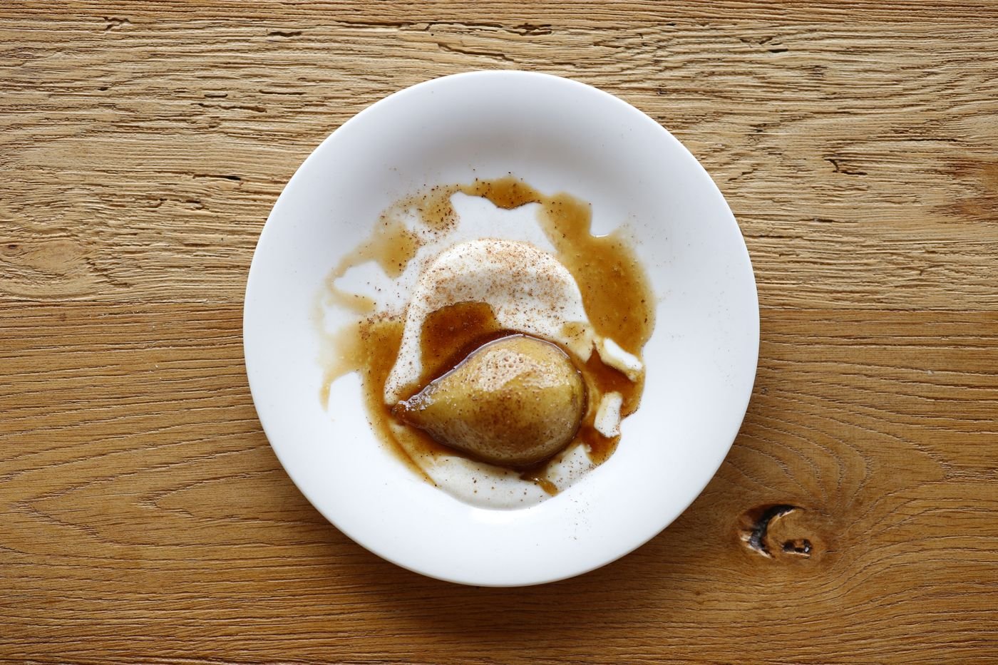 Cinnamon Poached Pear with Caramel and Cream
