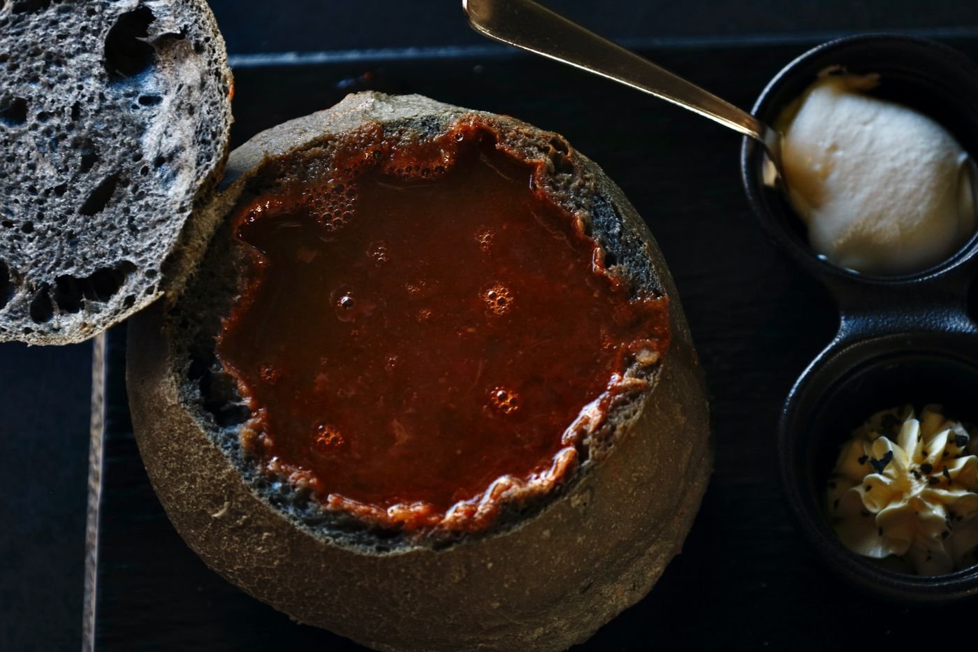 Smoky Tomato Soup in Dark Rye Bread Bowls