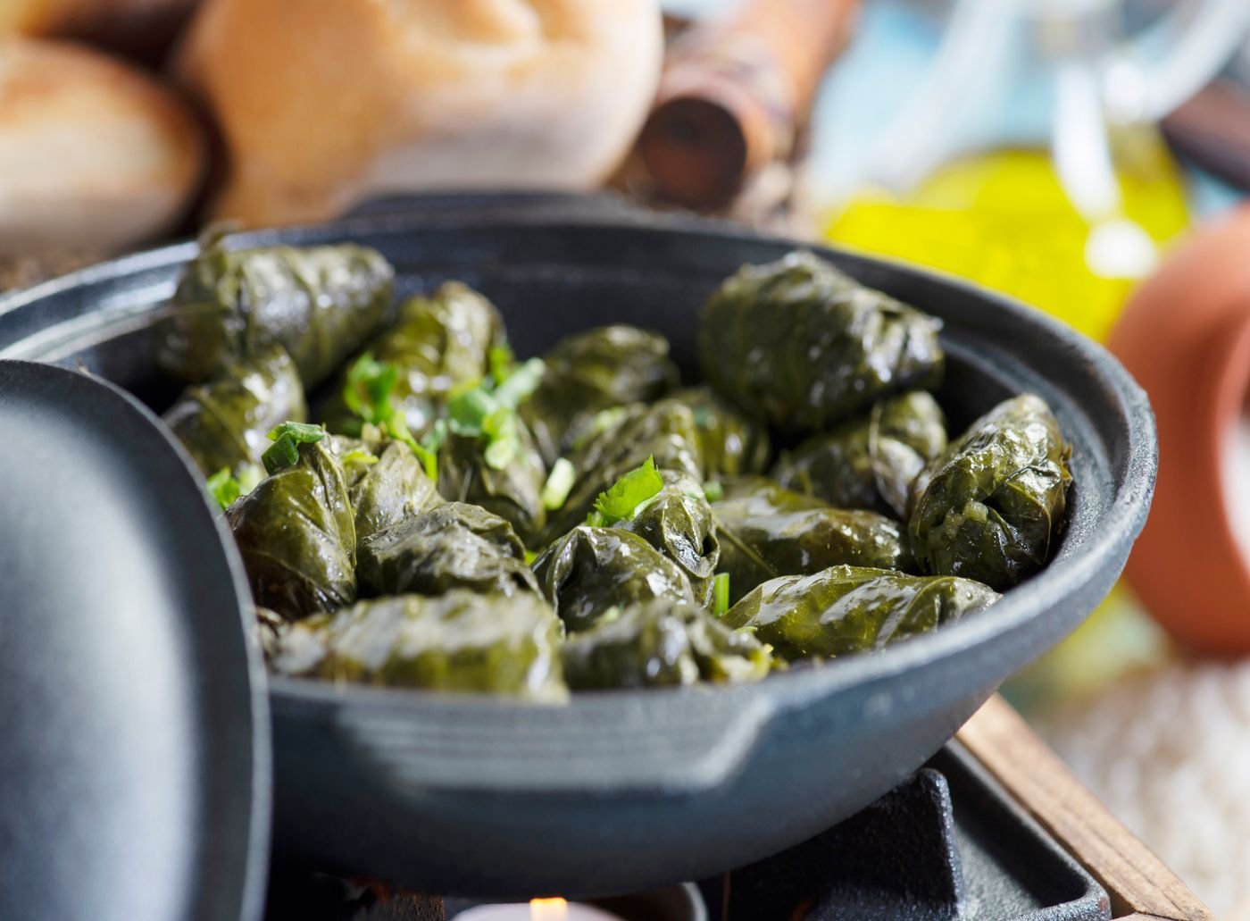 Olive Oil Dolmas in a Cast-Iron Pan