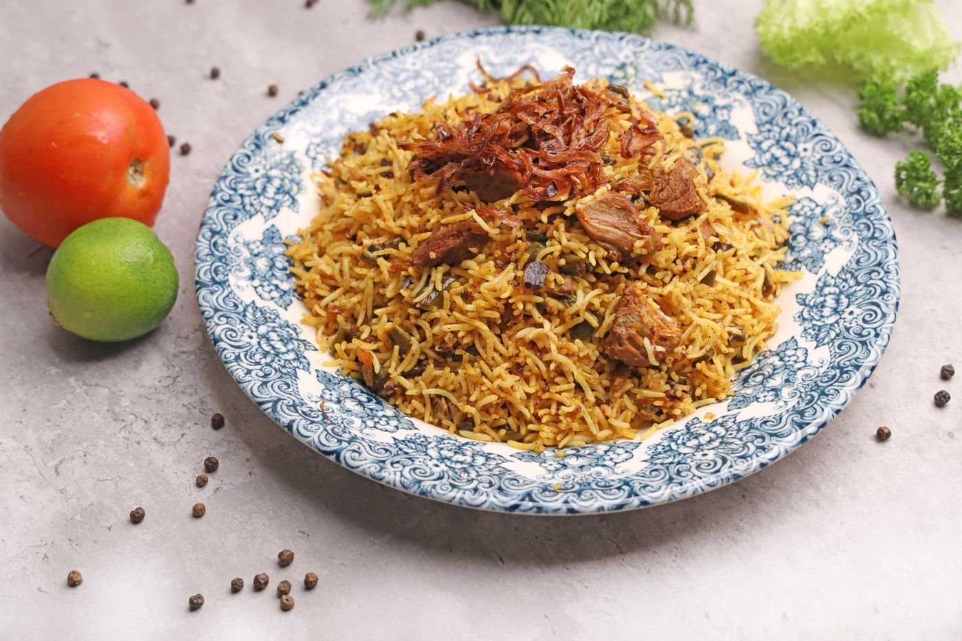 Mutton Dum Biryani with Crispy Onions