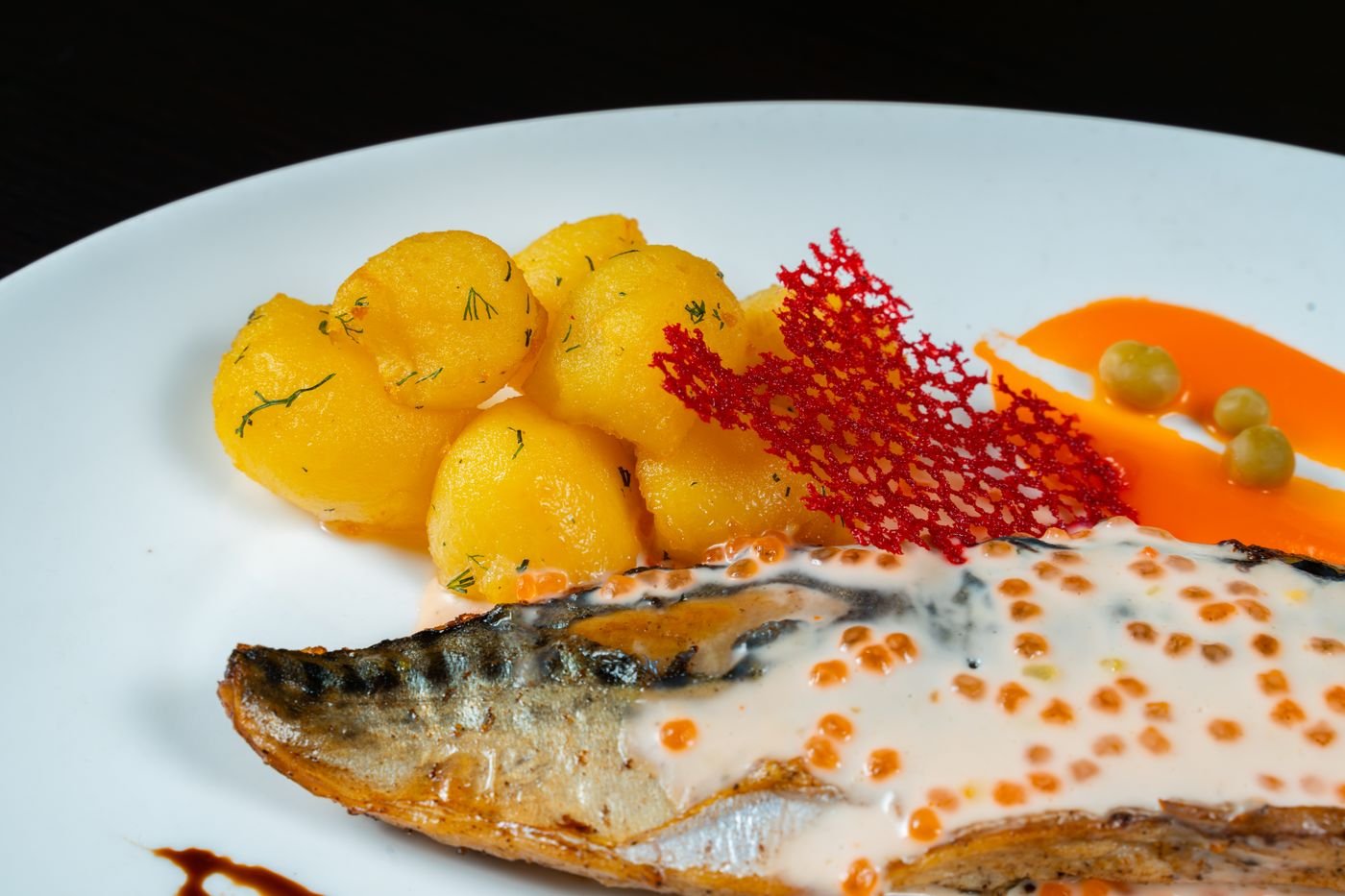 Roasted Mackerel with Salmon Roe Cream and Dill Potatoes