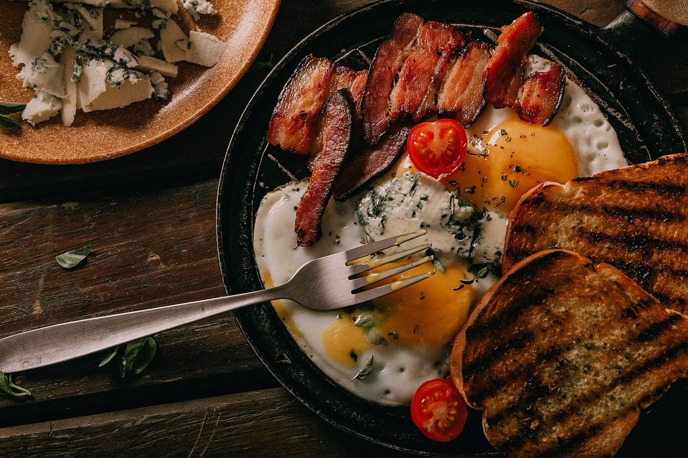 Skillet Bacon and Eggs with Blue Cheese and Grilled Bread