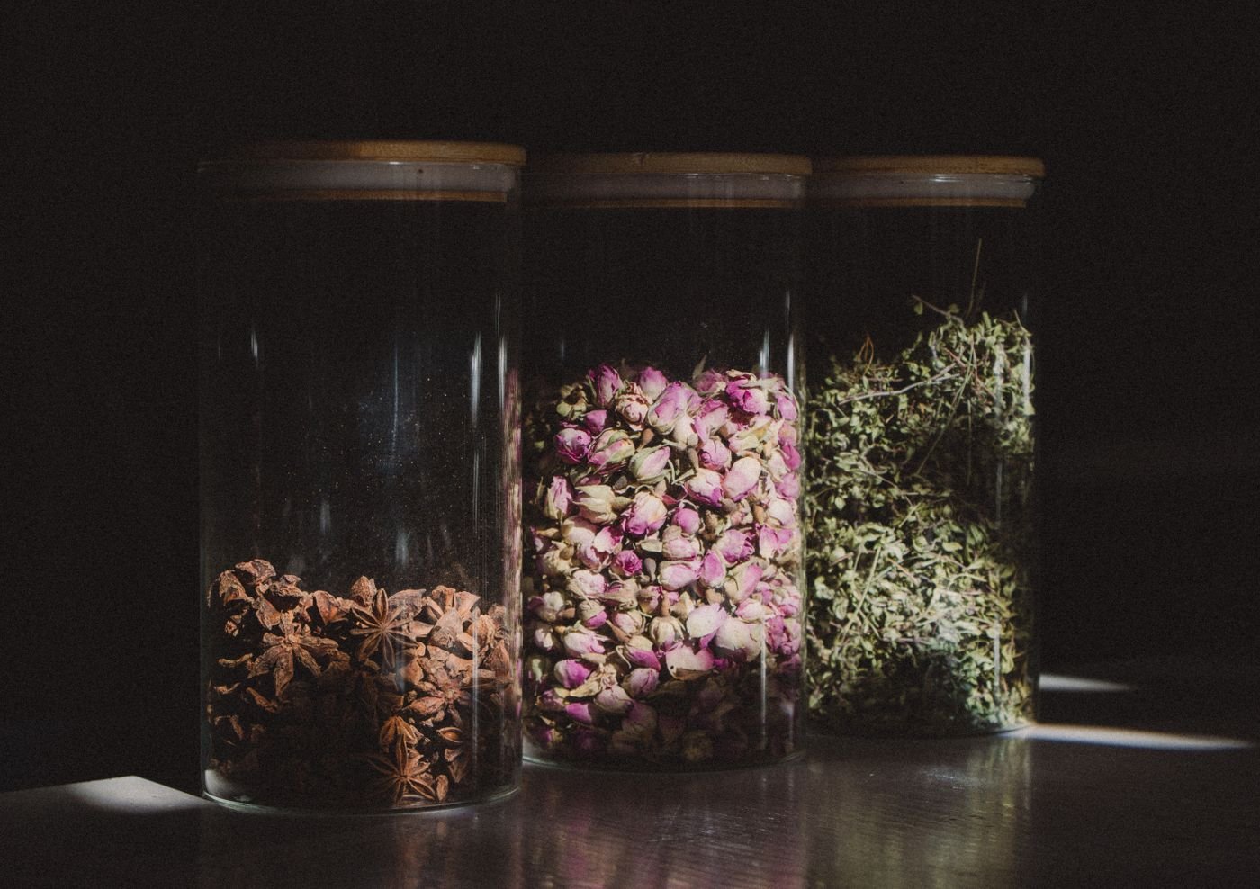 Tall Glass Storage Jars with Wood Lids, set of three