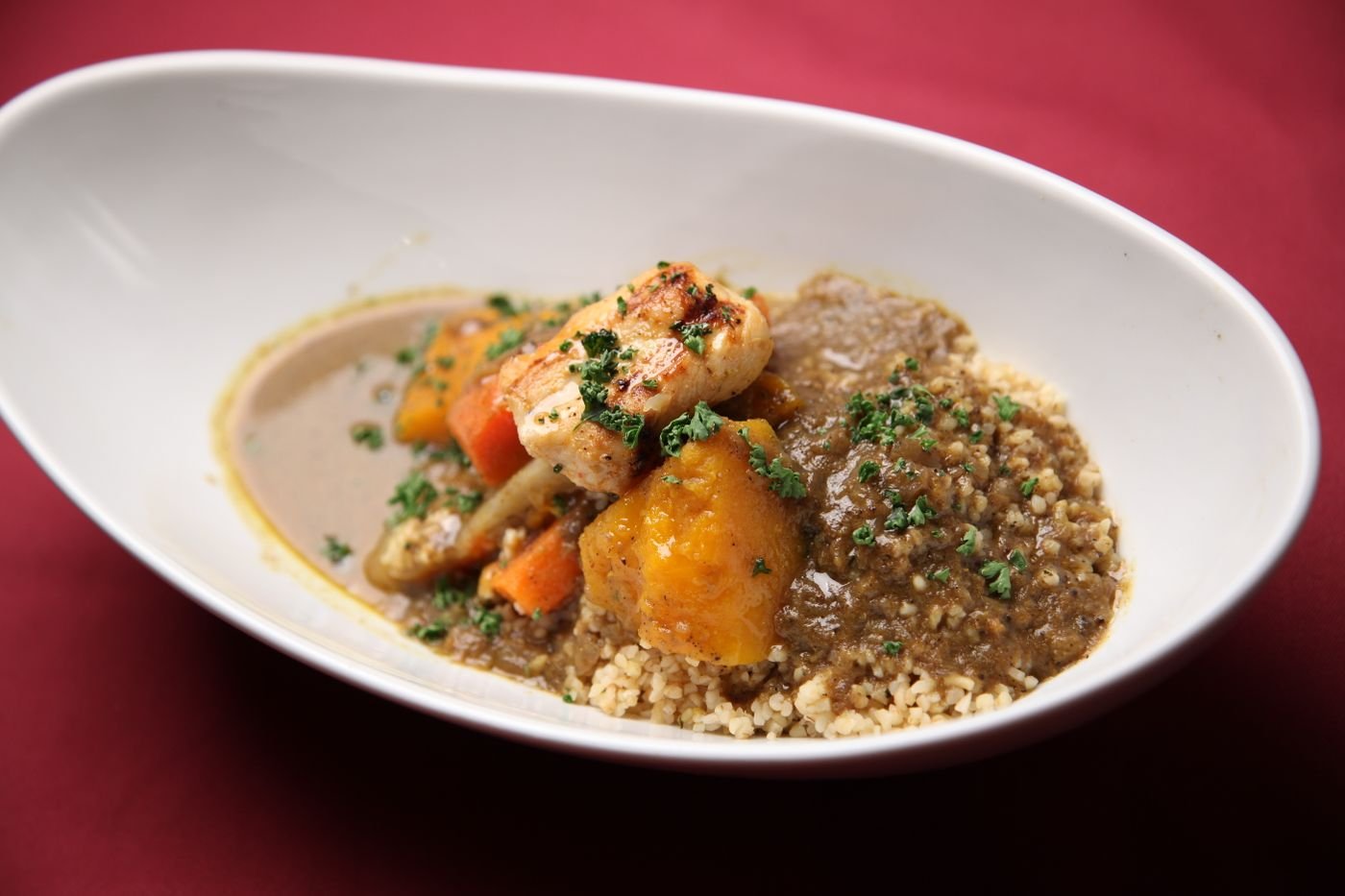 Seared Chicken and Kabocha Stew over Bulgur