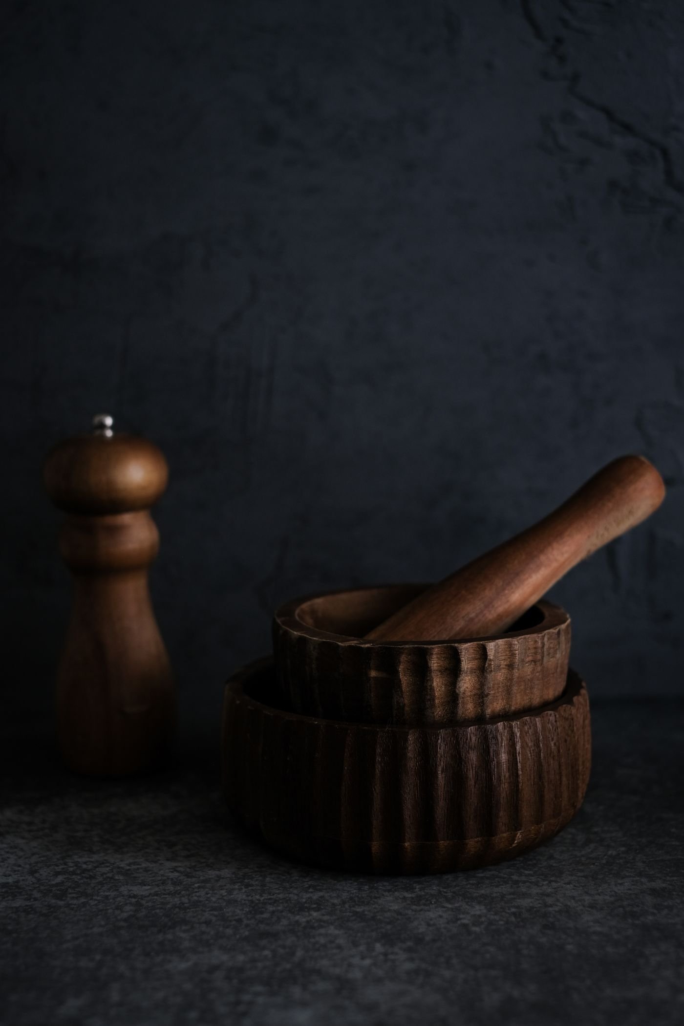 Fluted Dark Wood Mortar and Pestle