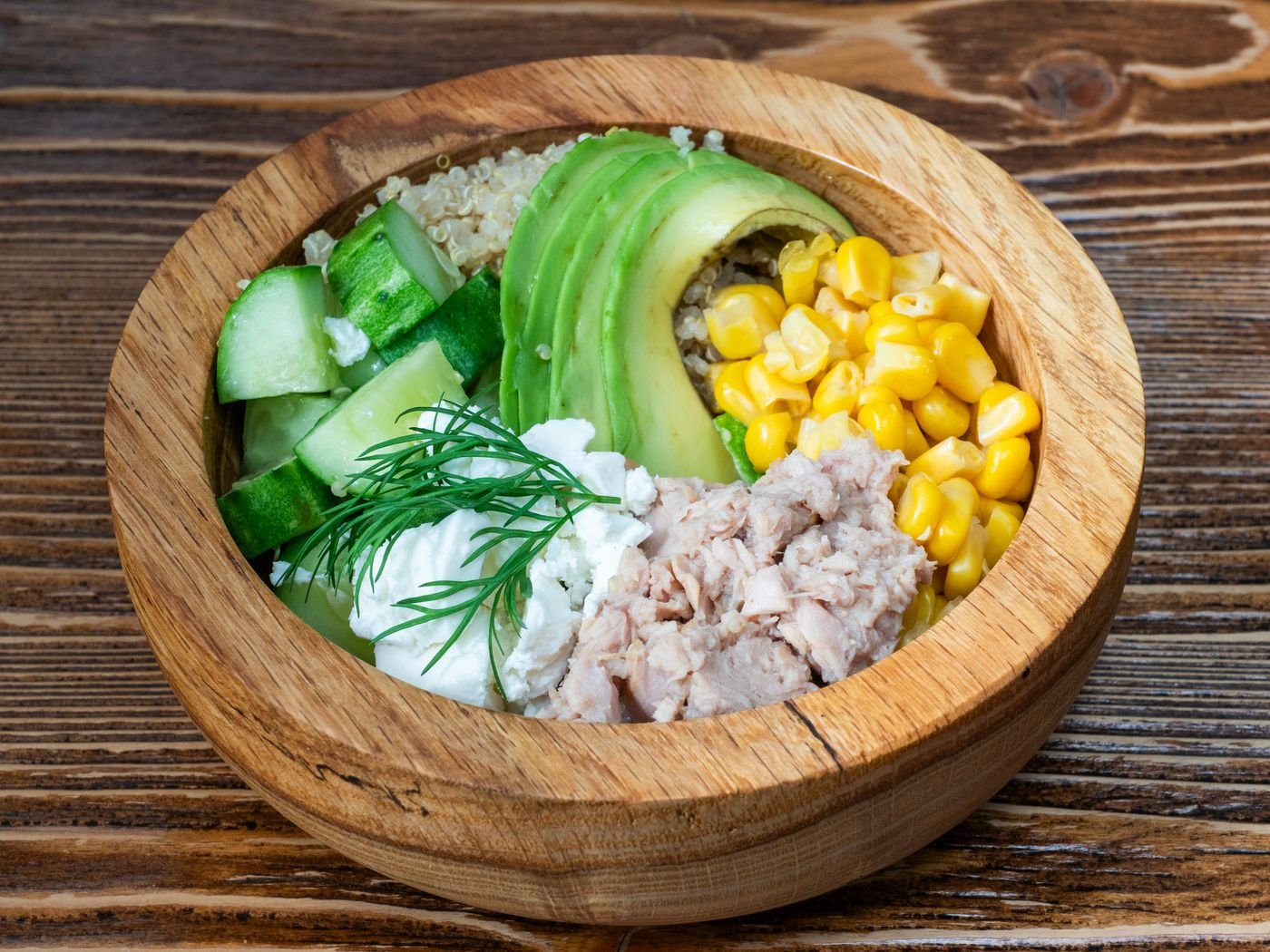 Tuna, Corn and Avocado Quinoa Bowl with Dill Yogurt