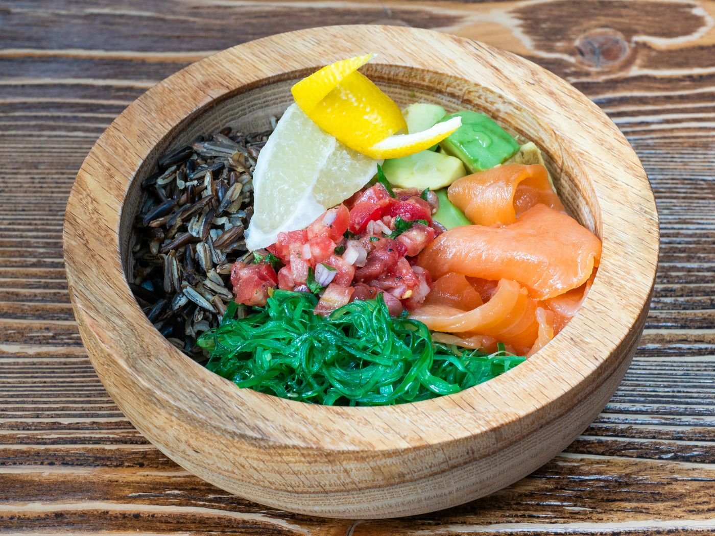 Smoked Salmon Poke Bowl with Wild Rice and Seaweed Salad