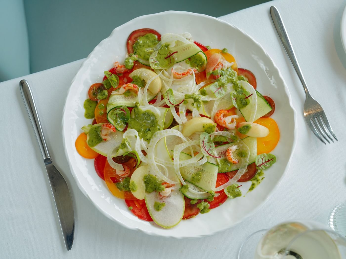 Tomato and Cucumber Carpaccio with Shrimp and Basil Oil