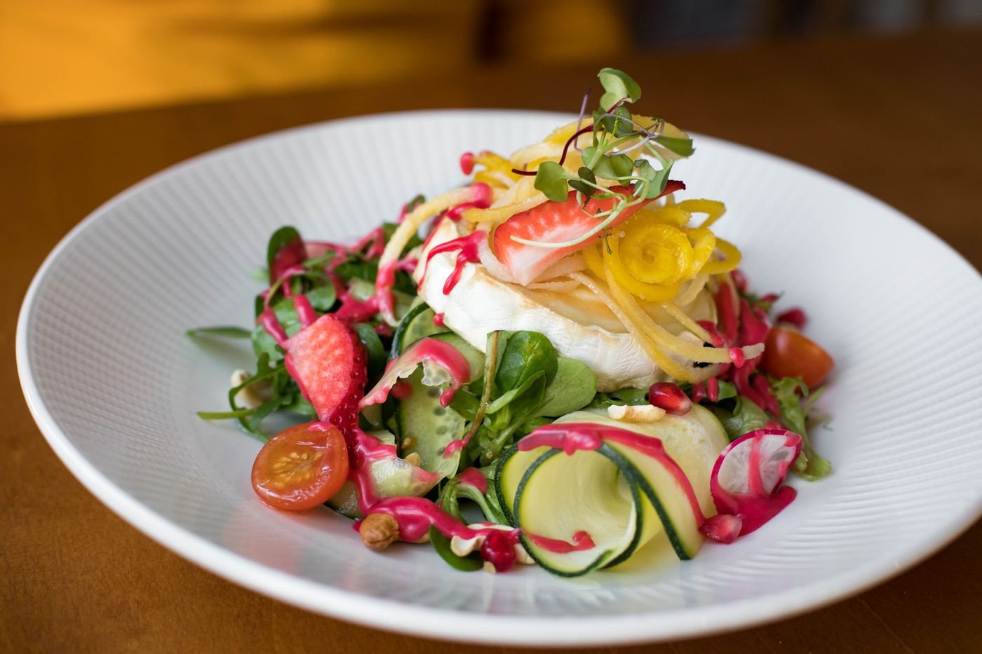 Burrata with Zucchini Ribbons, Strawberries and Beet Vinaigrette