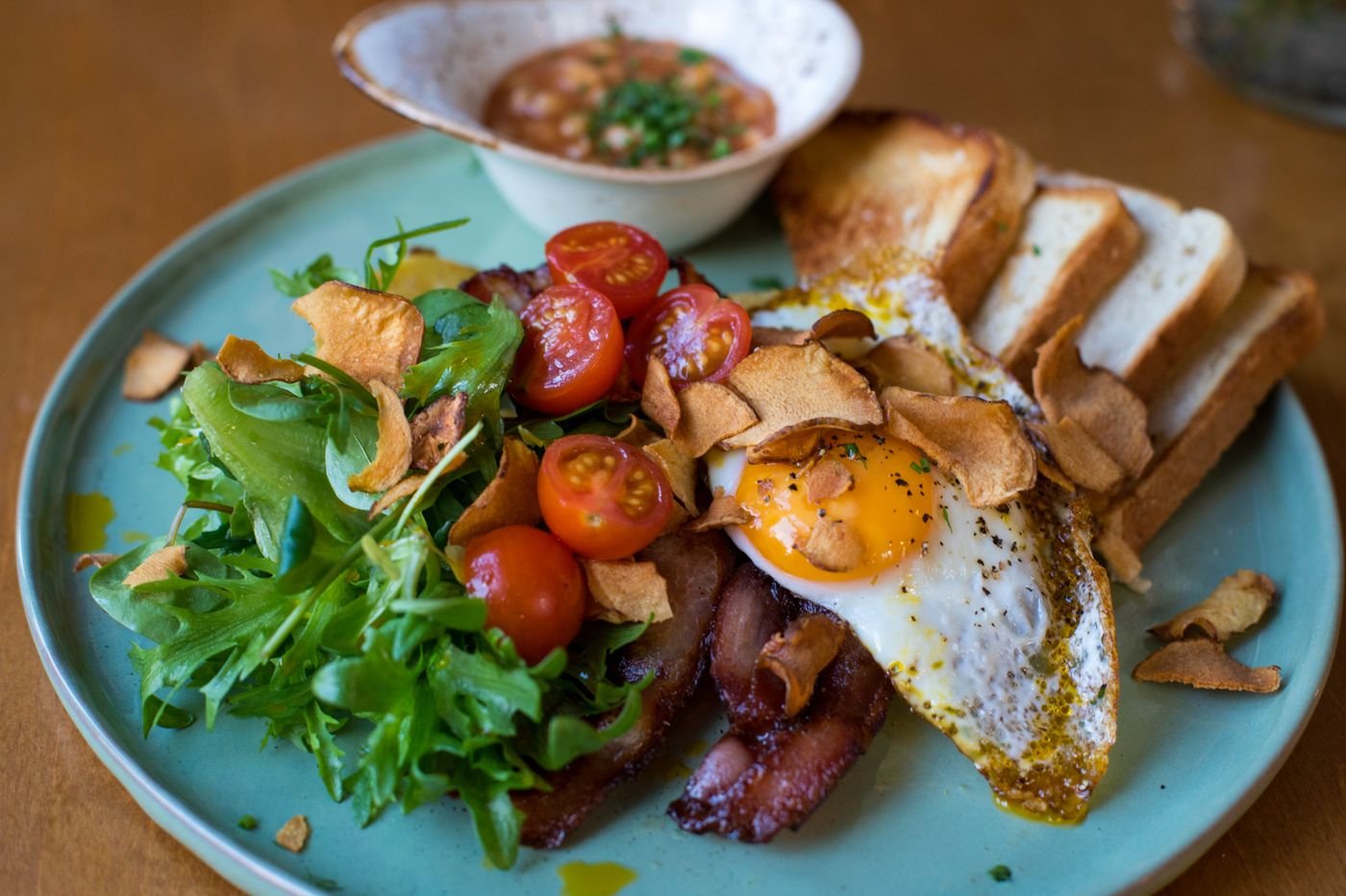 Big Brunch Plate with Bacon, Fried Egg and Arugula Salad
