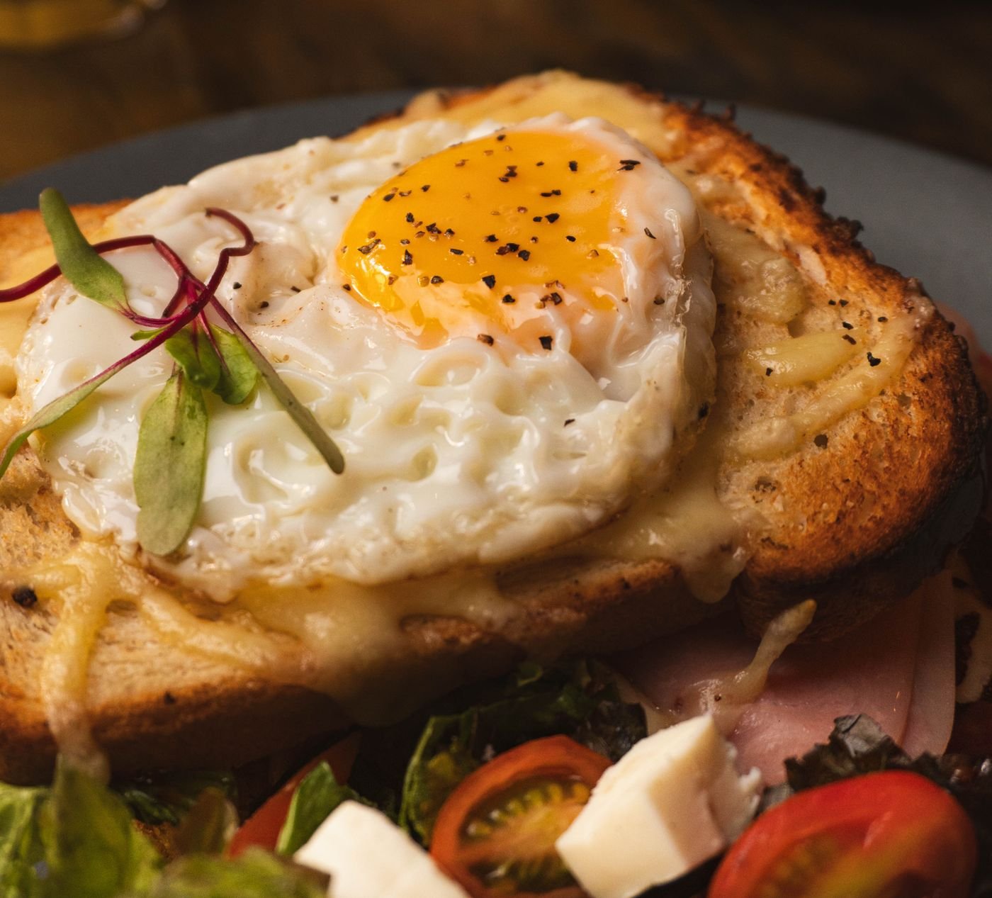 Croque Madame with Tomato and Feta Side Salad