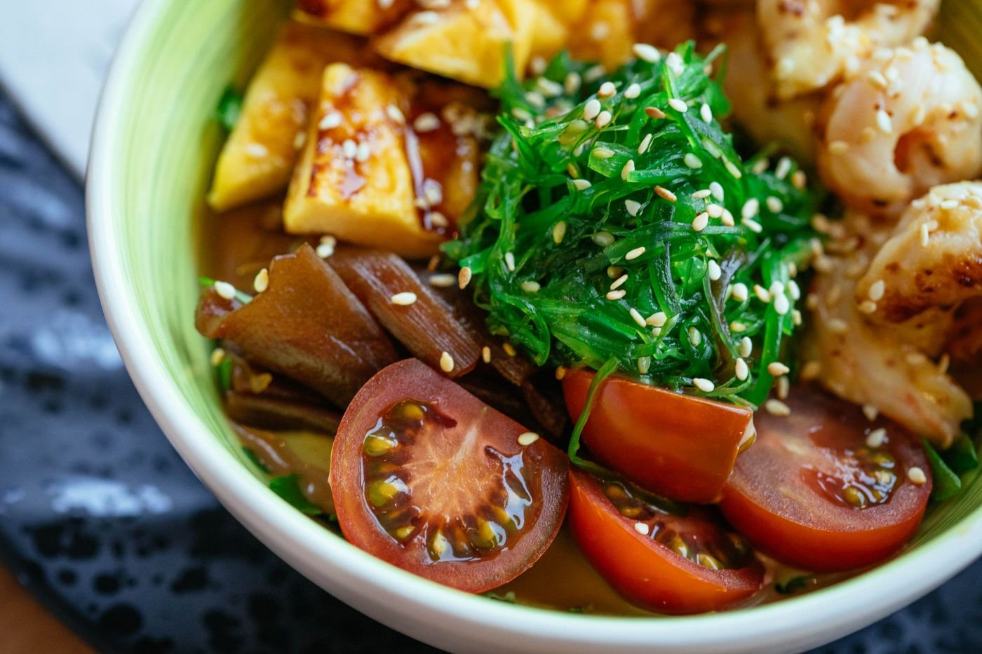 Sesame Shrimp Bowl with Wakame, Grilled Pineapple and Eggplant