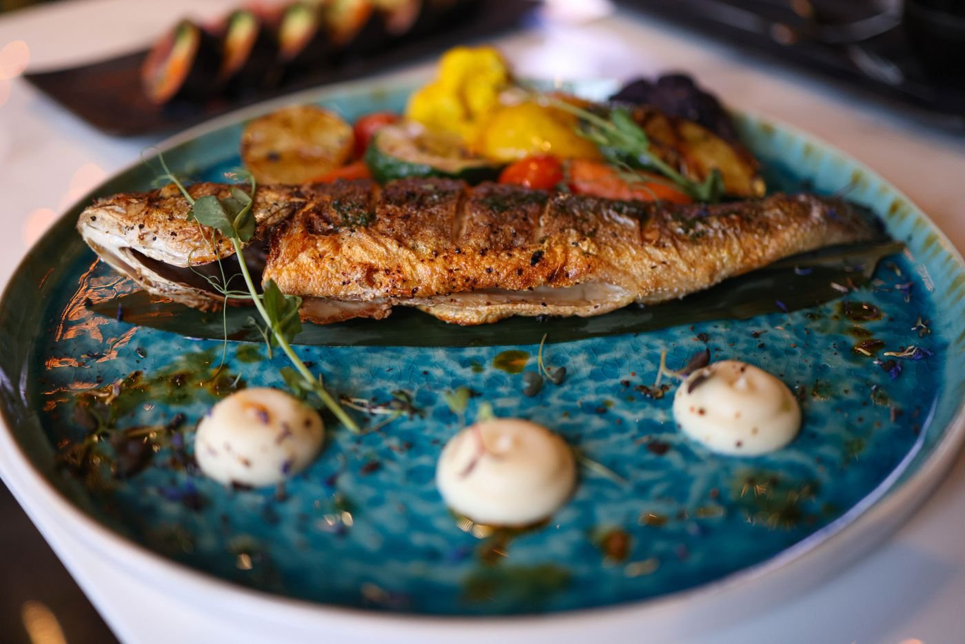 Whole Roasted Branzino with Garlic Aioli and Summer Vegetables
