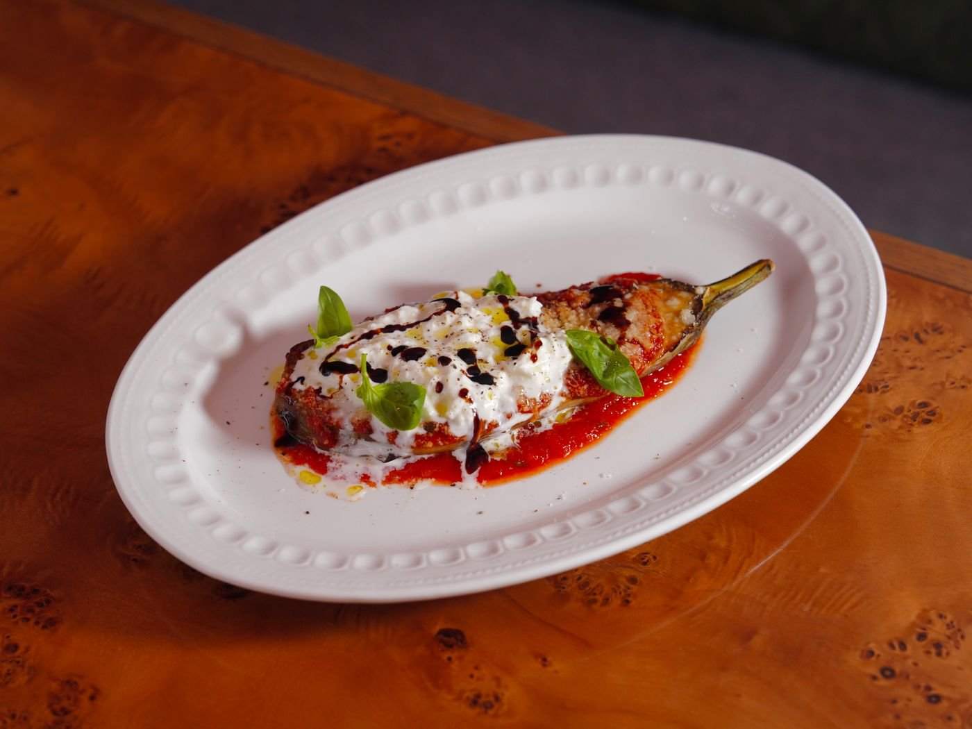 Roasted Eggplant with Labneh, Tomato and Basil