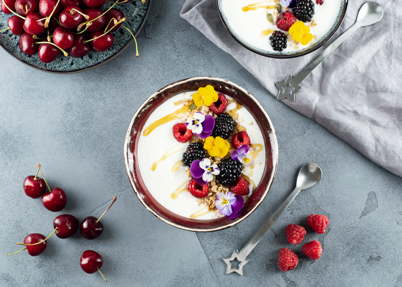 Honey Yogurt Bowl with Berries and Edible Flowers
