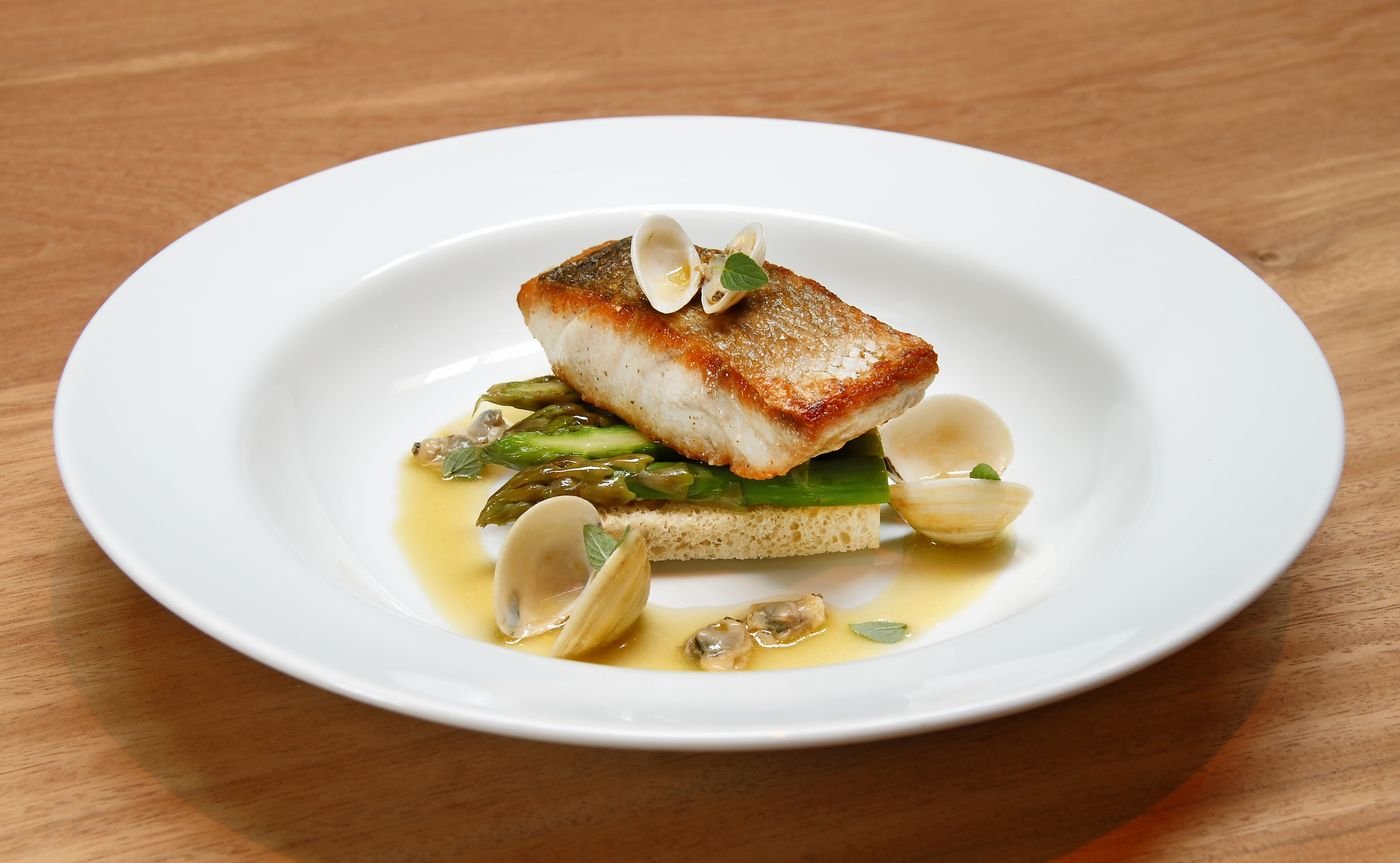 Crisp-Skin Cod with Clams, Asparagus and Beurre Blanc