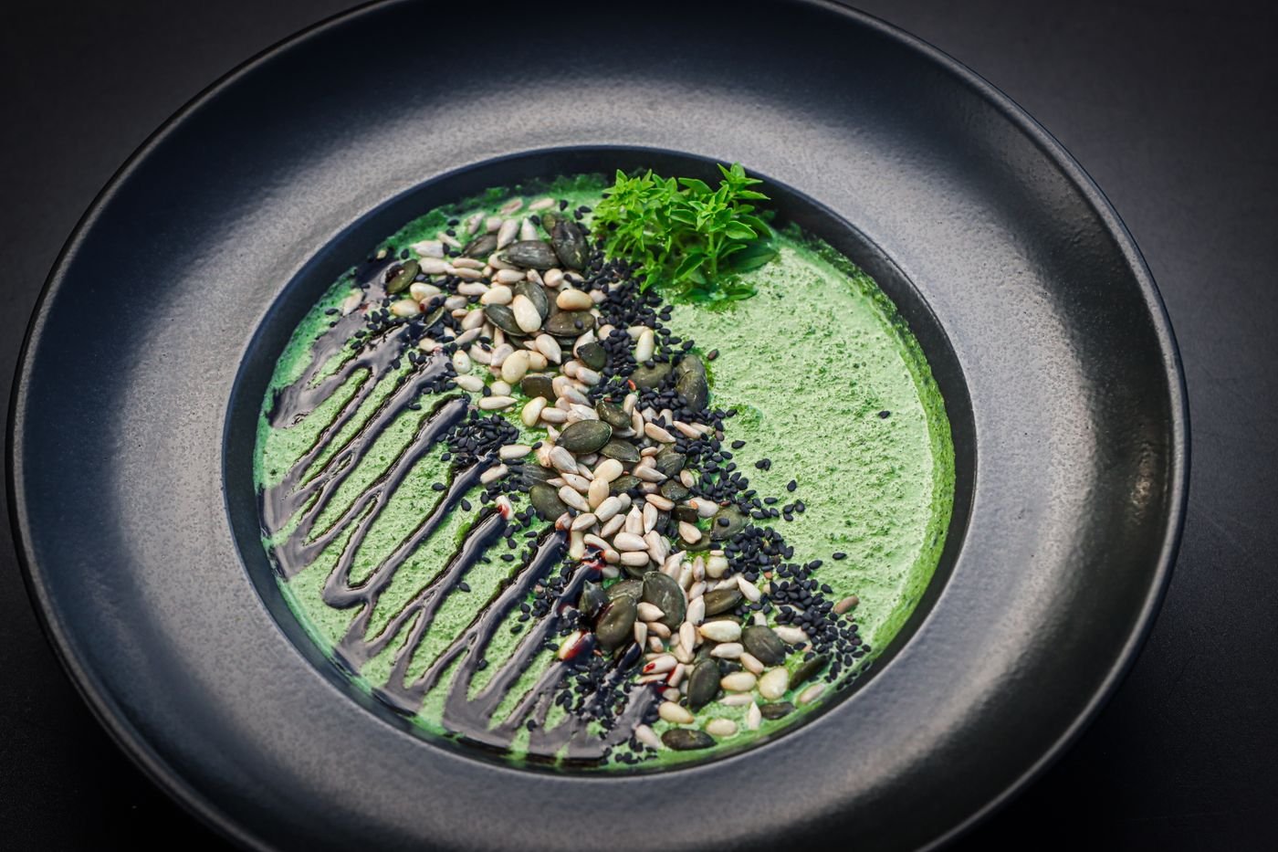 Spinach and Herb Soup with Seeds and Balsamic