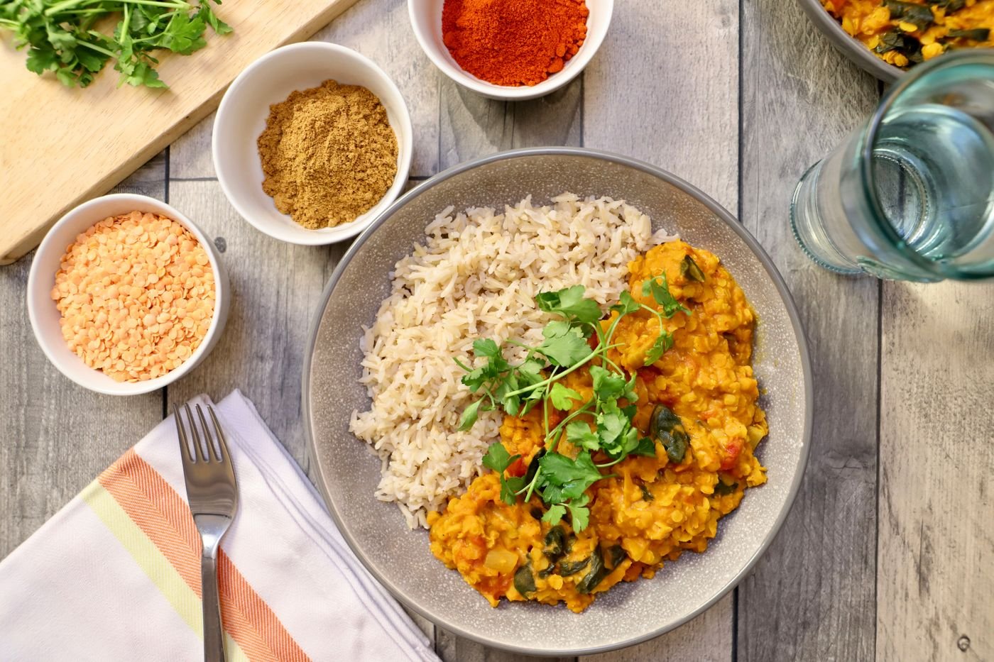 Red Lentil and Spinach Dal with Brown Basmati