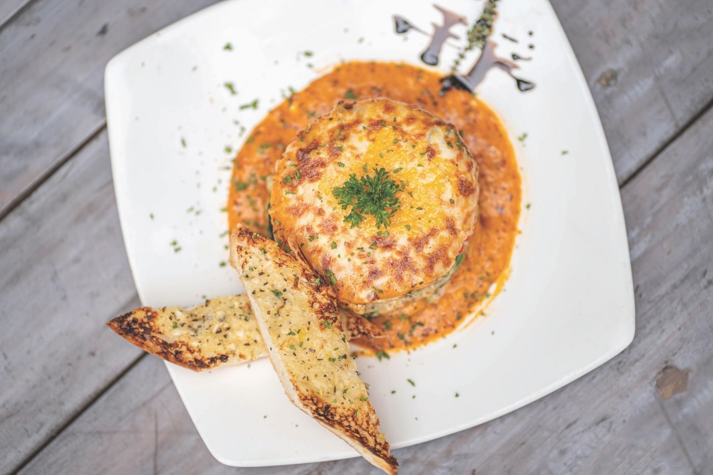 Baked Lasagna Stack in Rose Sauce with Garlic Toast