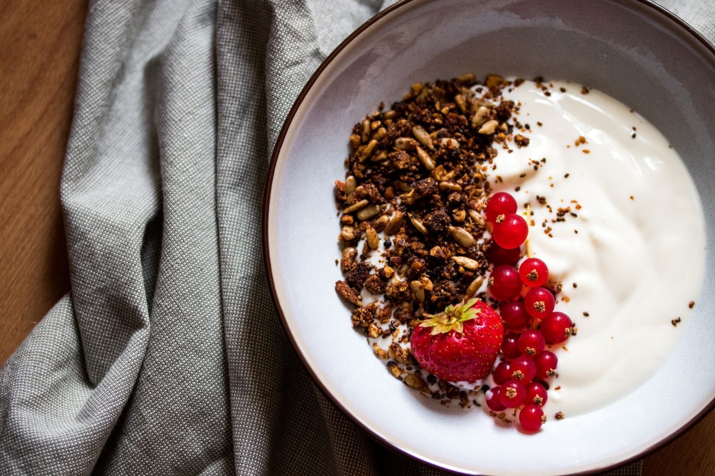 Greek Yogurt Bowl with Cocoa Granola and Red Currants