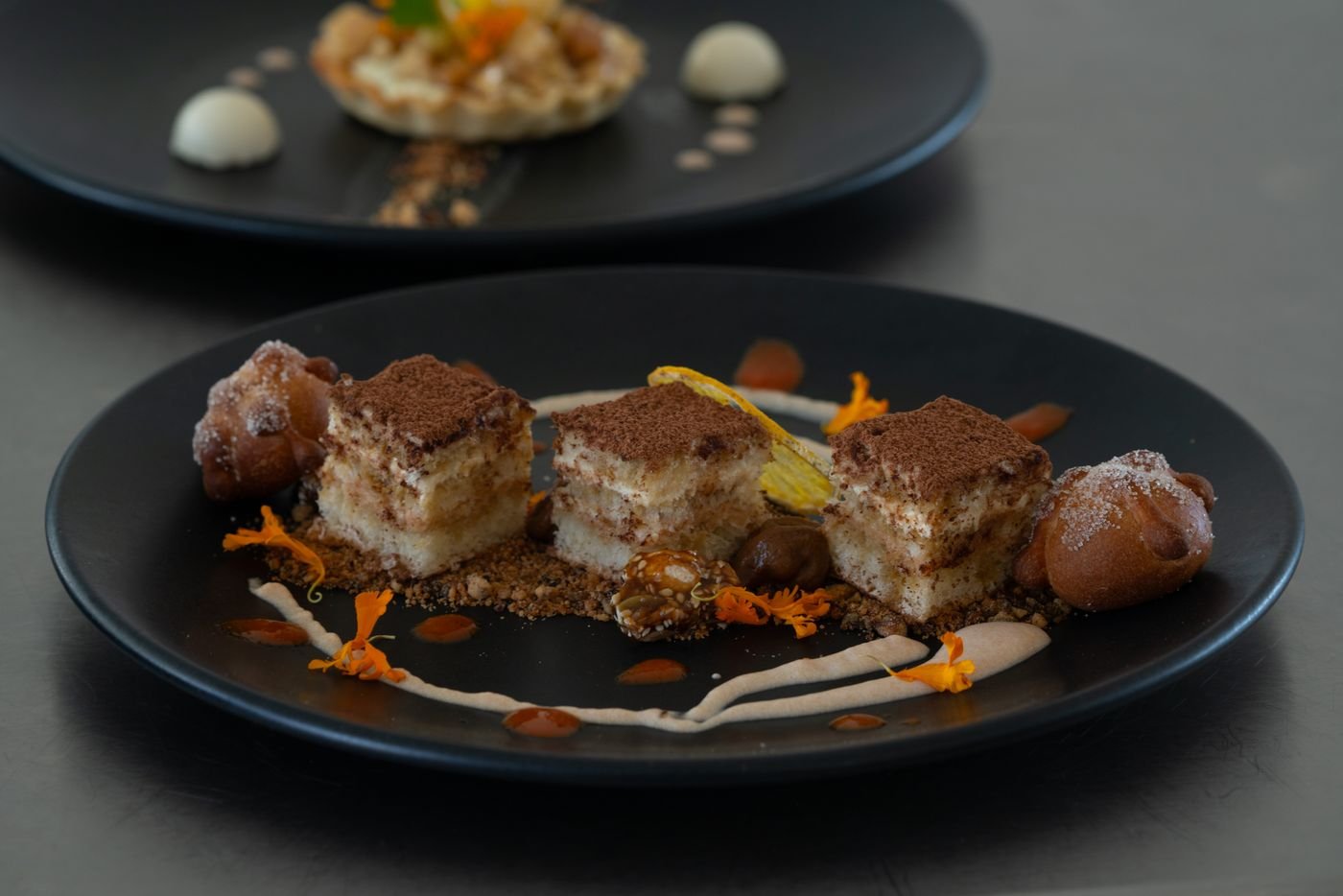 Plated Tiramisu Squares with Cocoa Truffles