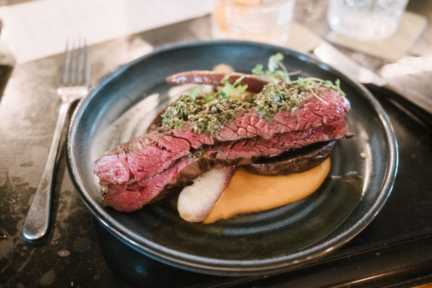 Hanger Steak with Chimichurri and Butternut Squash Puree