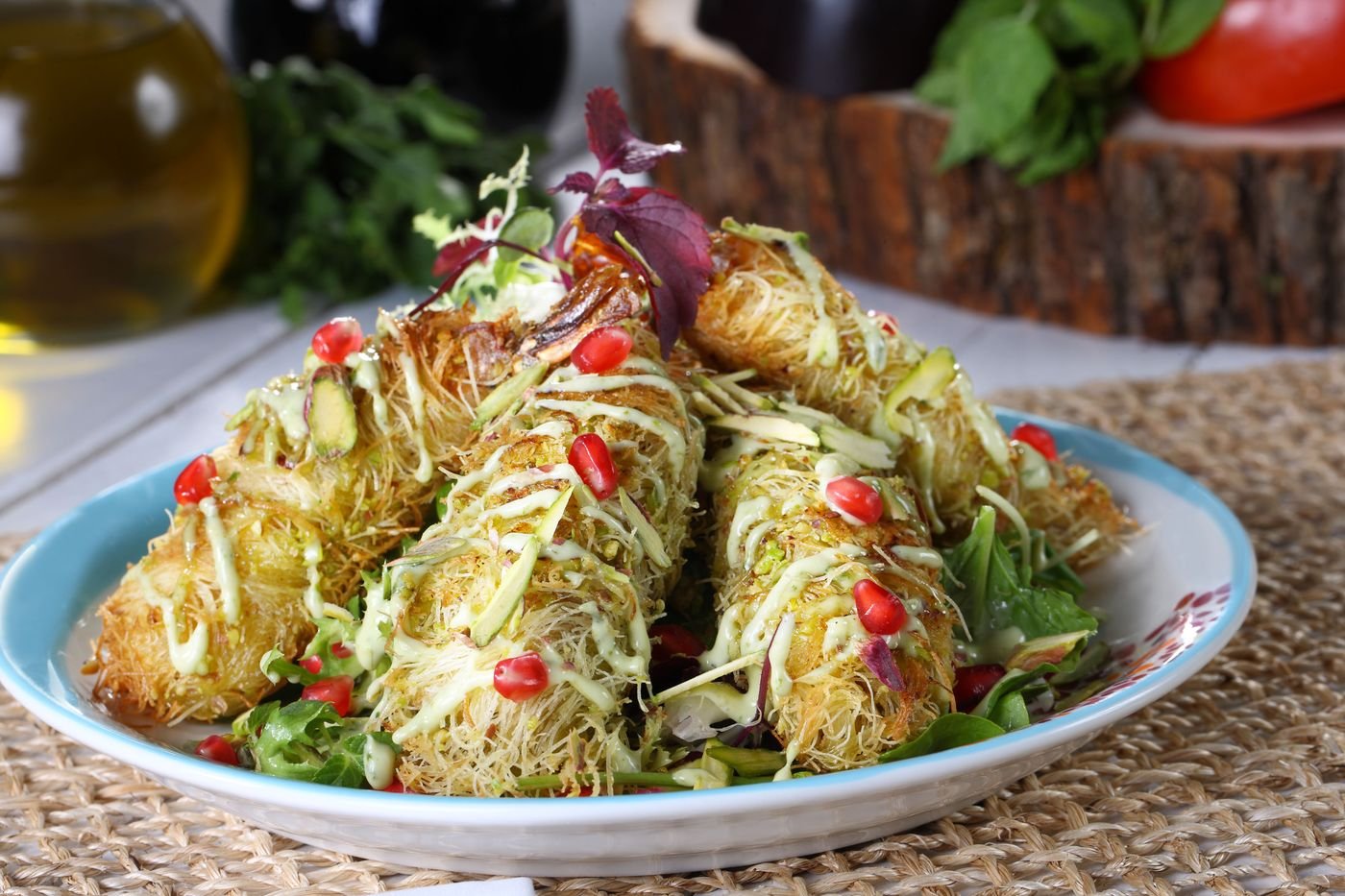 Kataifi-Wrapped Chicken Rolls with Pomegranate