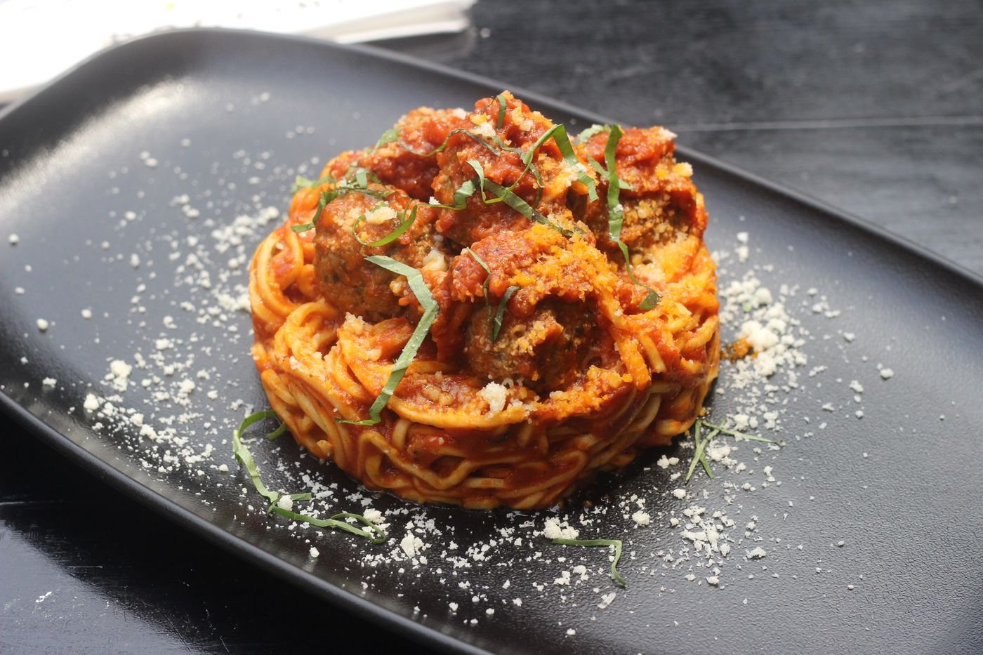 Spaghetti and Meatball Nests with Basil and Parmesan