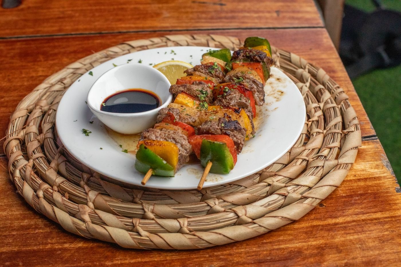Beef and Bell Pepper Kebabs with Soy-Ginger Dip