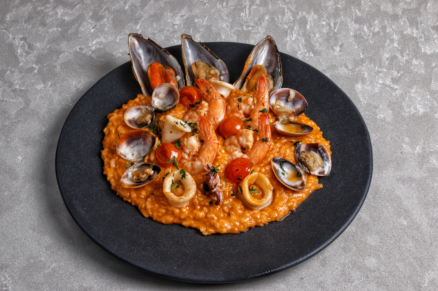 Tomato Seafood Risotto with Mussels and Clams