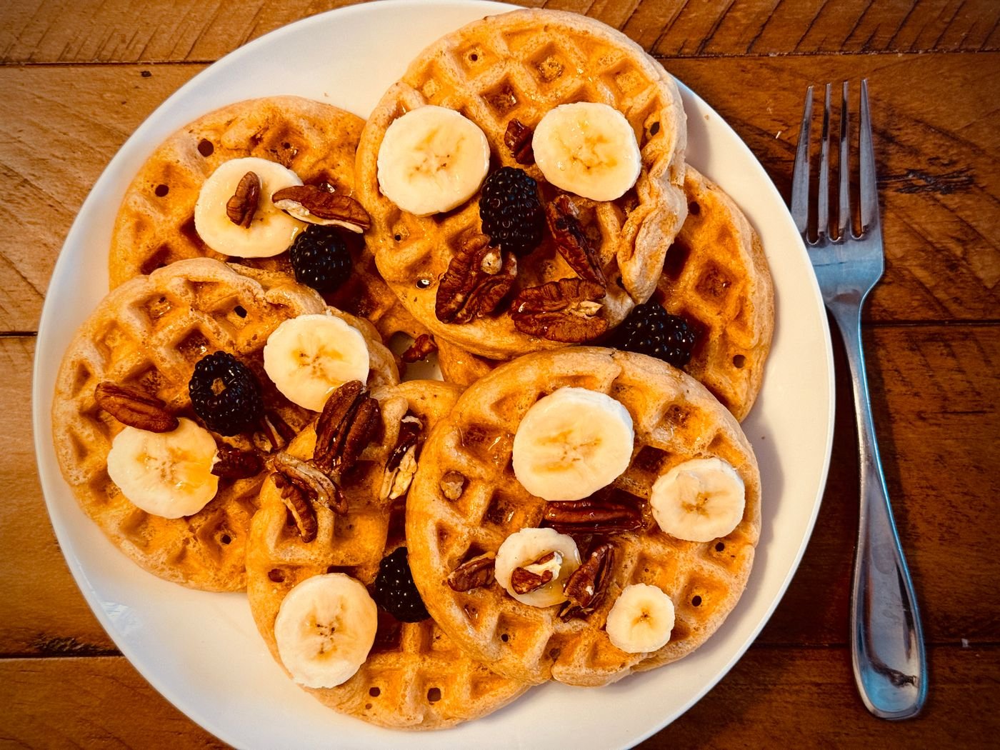 Banana Pecan Waffles with Blackberries