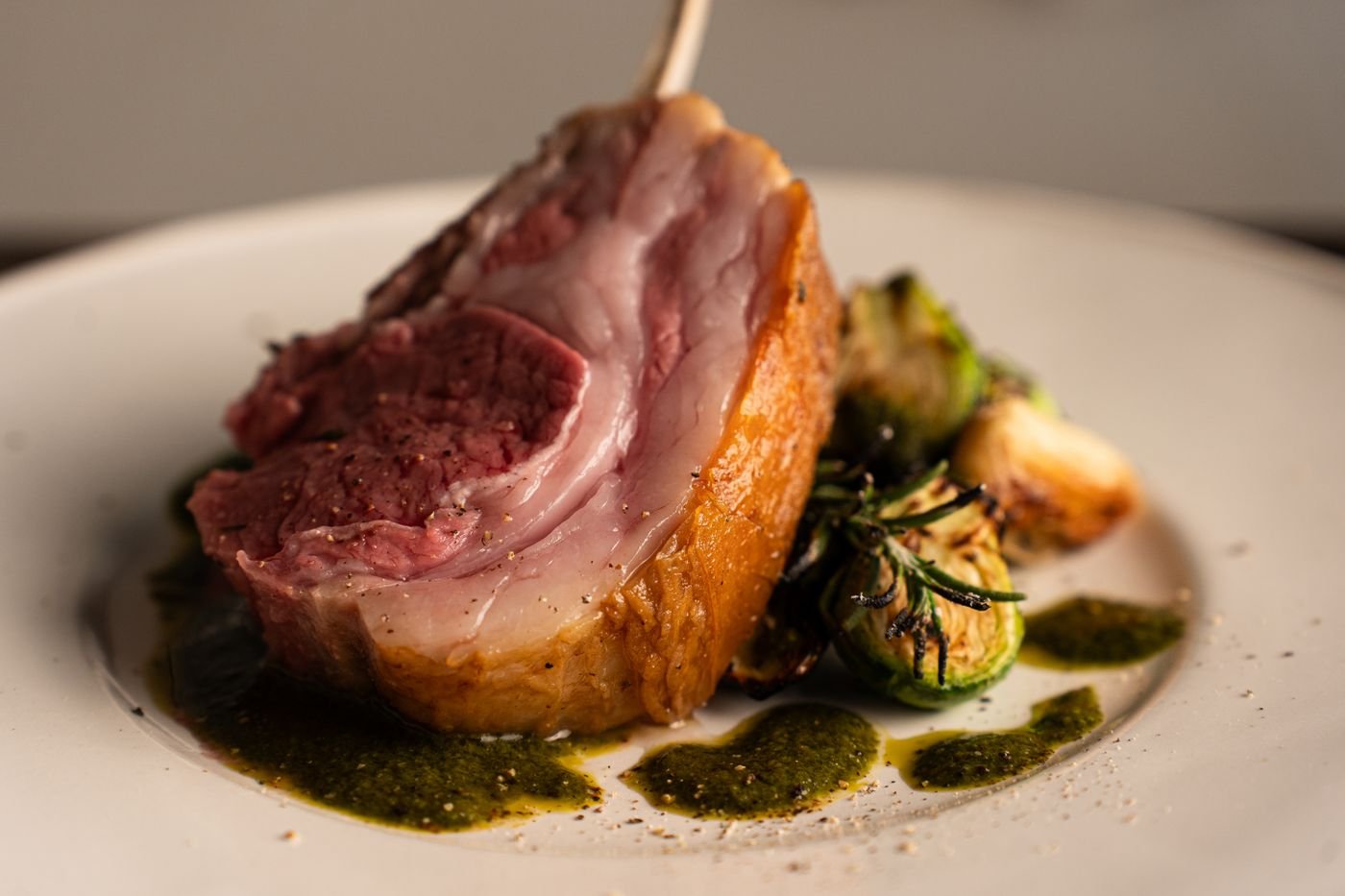 Roasted Rack of Lamb with Brussels Sprouts and Mint-Parsley Oil
