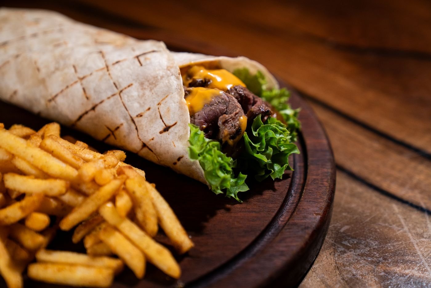 Steak and Cheddar Wrap with Shoestring Fries