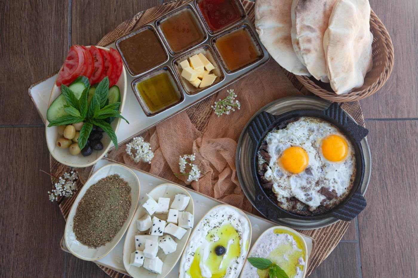 Levantine Breakfast Spread with Fried Eggs, Labneh and Zaatar