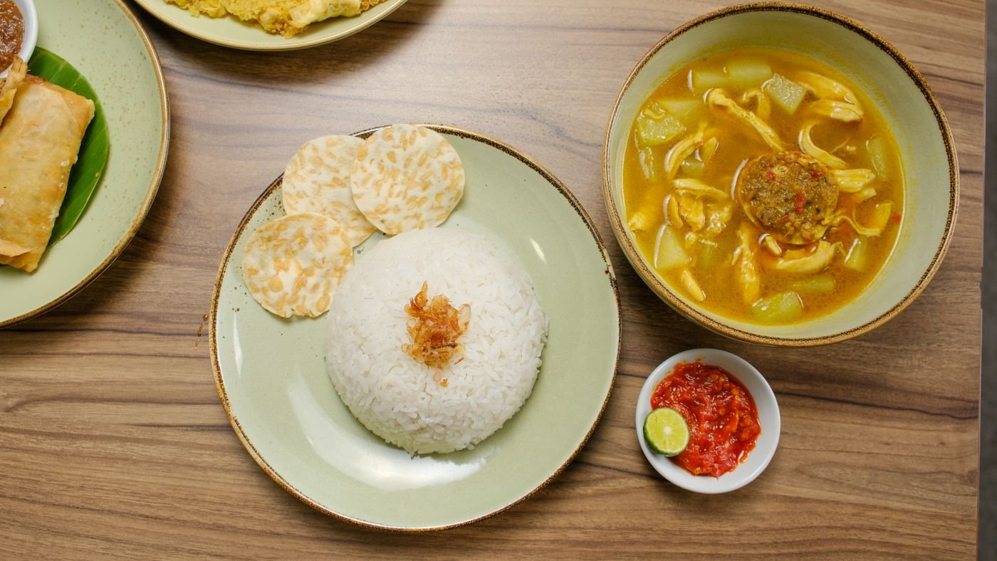 Soto Ayam with Potato Fritter and Steamed Rice