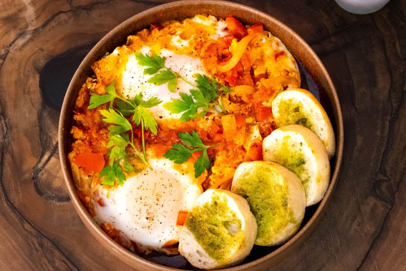 Pepper Shakshuka with Pesto Toasts