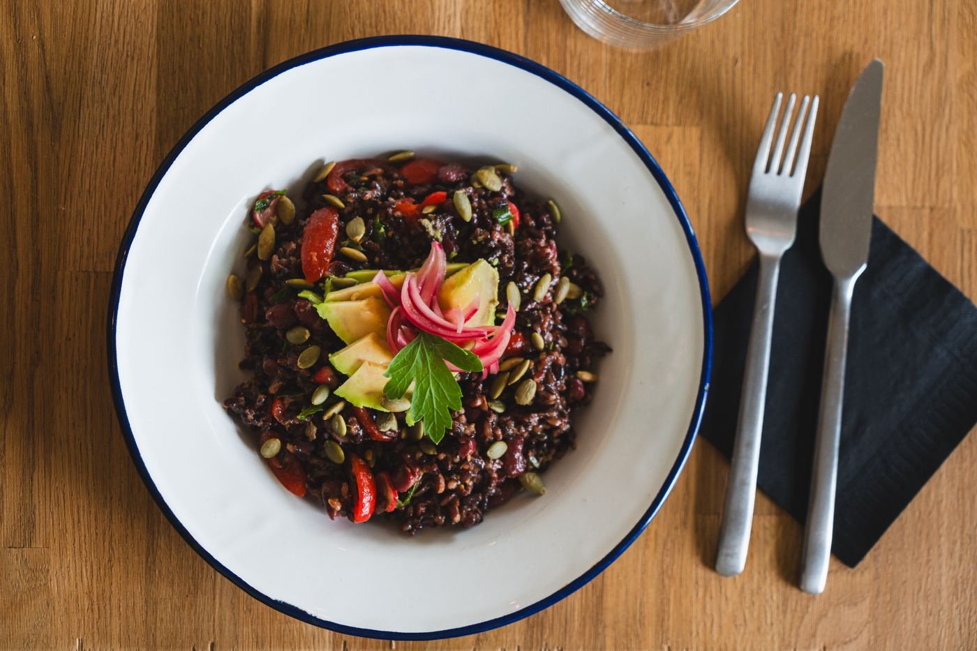 Black Rice Salad with Avocado, Pumpkin Seeds and Pickled Onion