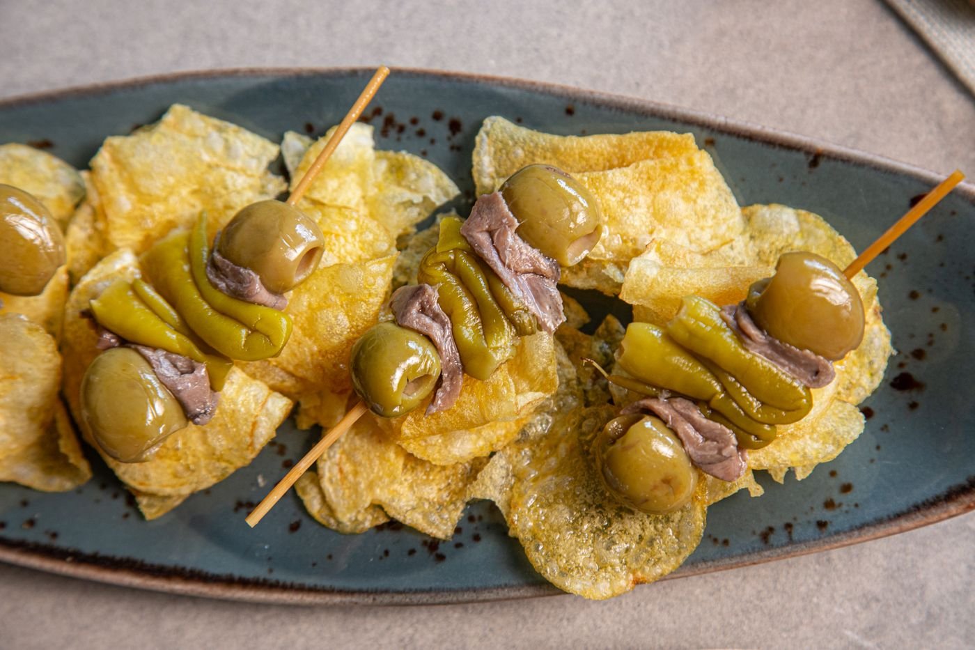 Gilda Pintxos on Olive Oil Potato Chips
