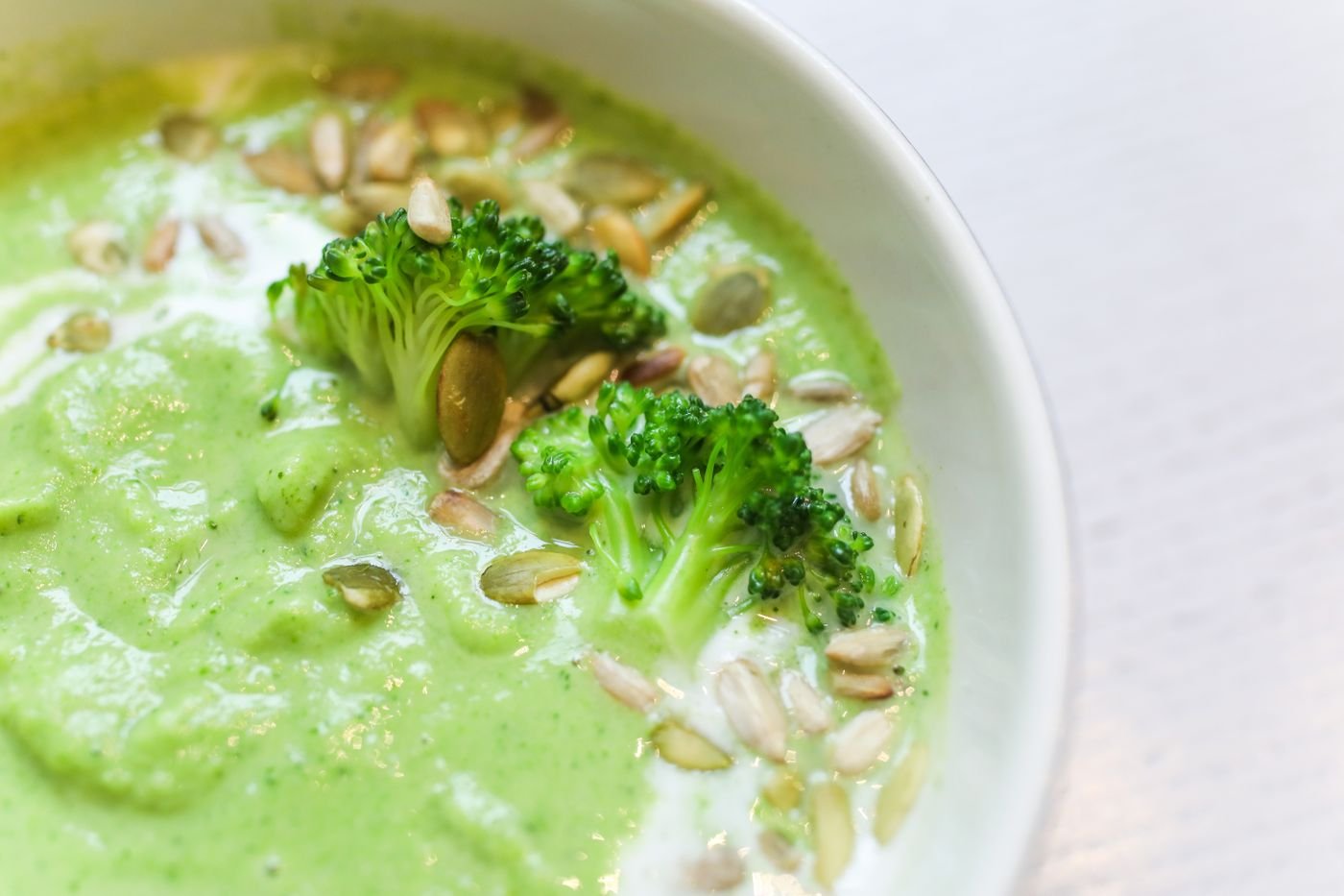 Bright Broccoli Soup with Toasted Sunflower Seeds