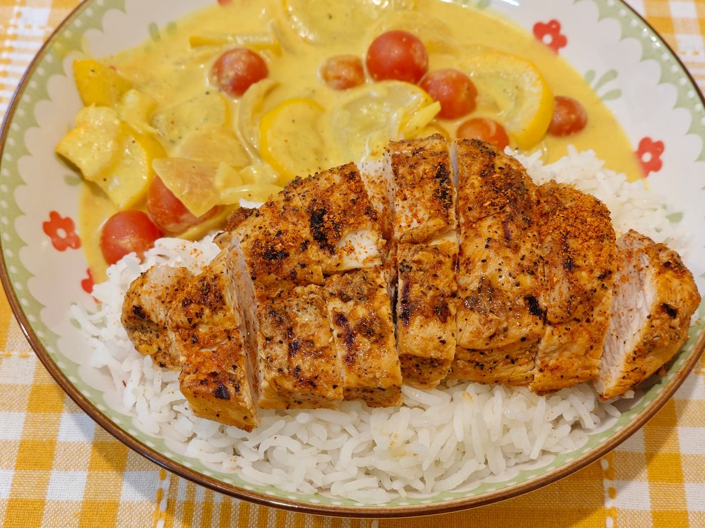 Blackened Chicken over Rice with Coconut Squash Curry
