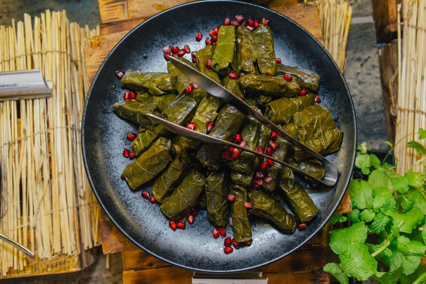 Pomegranate-Jeweled Stuffed Vine Leaves