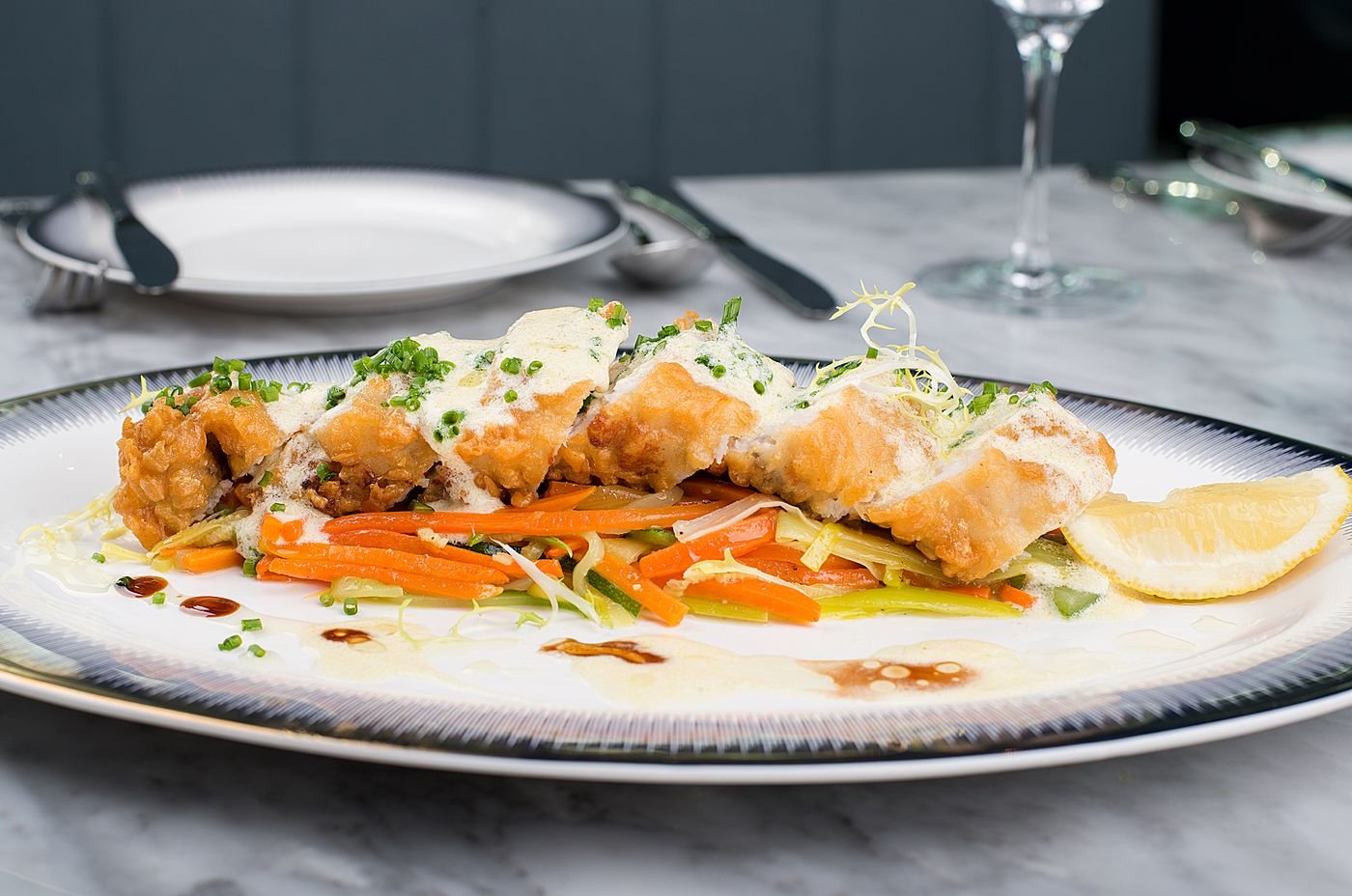 Tempura Cod on Julienned Vegetables with Lemon Cream