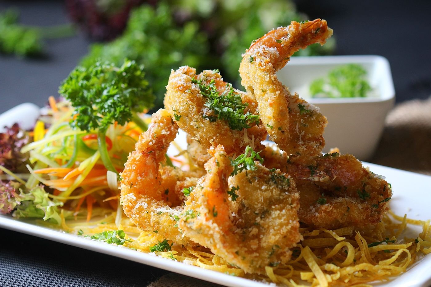 Golden Butter-Crumb Prawns on Crispy Noodles