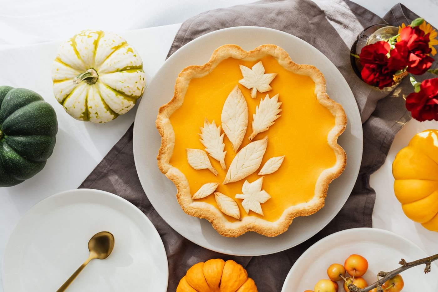 Pumpkin Pie with Pastry Leaves