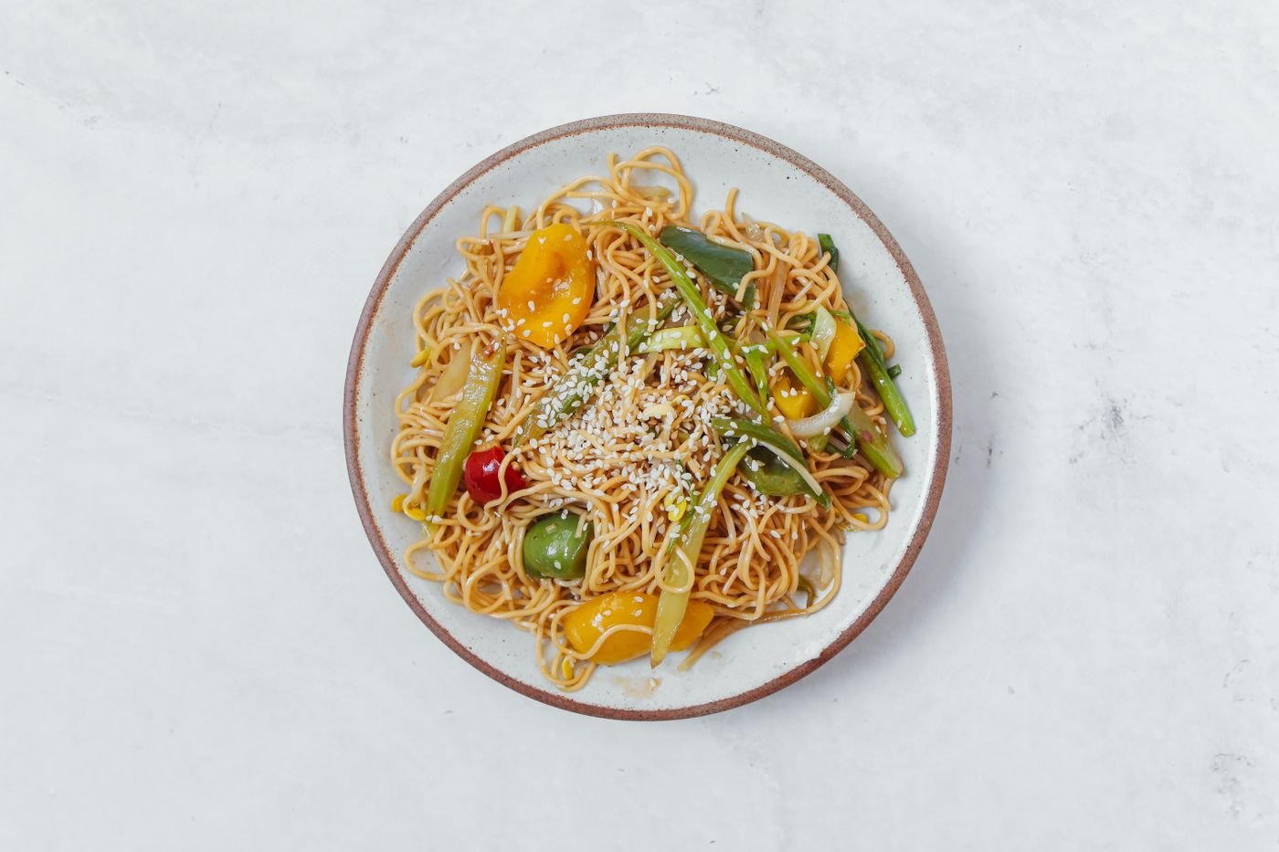 Sesame Vegetable Lo Mein with Tricolor Peppers