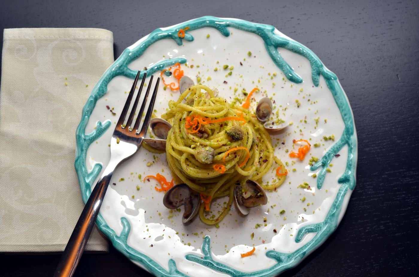 Spaghetti with Clams, Pistachio Pesto and Orange Zest
